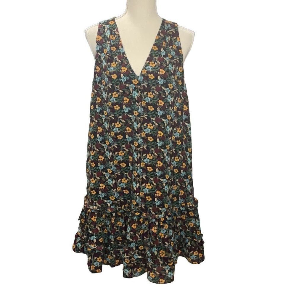 BCBG PARIS Black Floral A Line V Neck Sleeveless Dress Ruffles Keyhole Back Sz M
